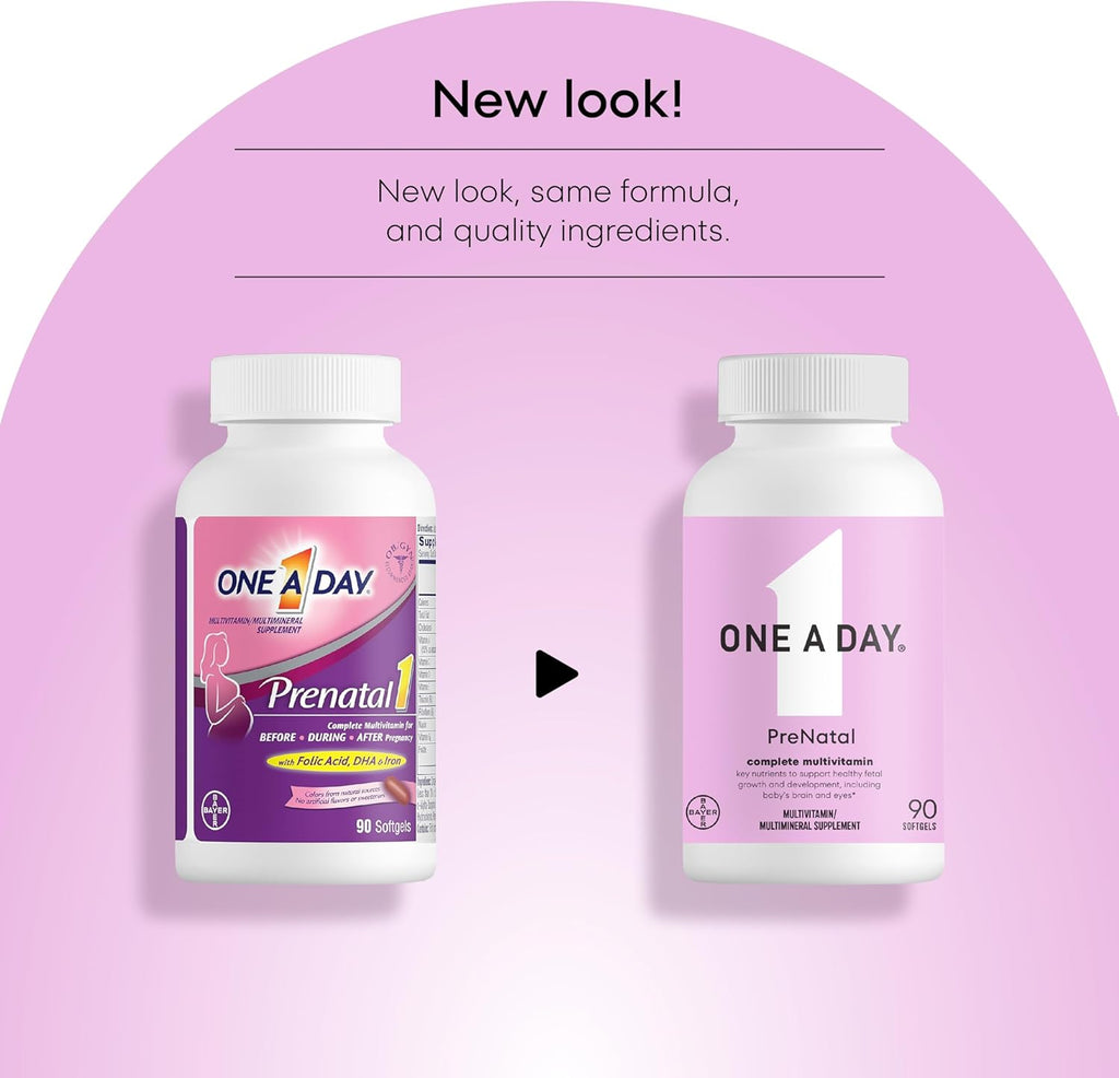 ONE A DAY Women's Prenatal 1 Multivitamin, Supplement for Before, During, and Post Pregnancy, Including Vitamins A, C, D, E, B6, B12, and Omega-3 DHA, 90 Count (Packaging May Vary)
