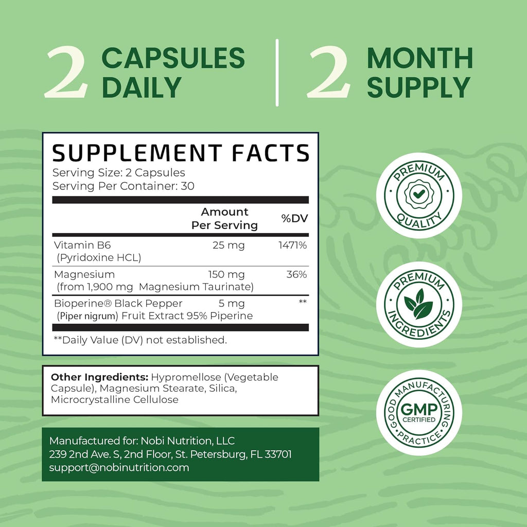 Magnesium Taurate 1900MG | Heart Health and Relaxation Support | 150MG Elemental Magnesium Per Serving | High Absorption Mag Taurate with Vitamin B6 + Black Pepper | Non-GMO | 60 Ct (1 Month Supply)