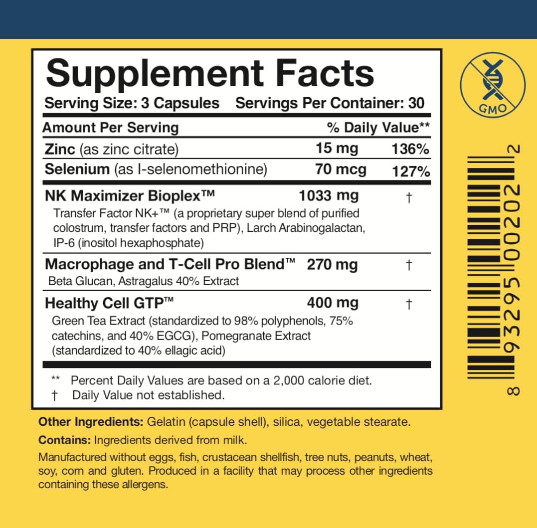 Researched Nutritionals Transfer Factor Multi-Immune Colostrum Supplement - Mushroom-Free Immune Support with Zinc, Beta Glucan, and Green Tea - Backed by Clinical Research (90 Capsules)