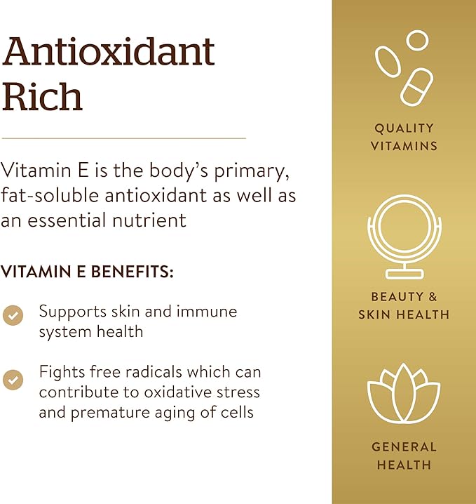 Solgar Vitamin E 670 mg (1000 IU), 180 Softgels - Natural Antioxidant, Skin & Immune System Support - Naturally-Sourced Vitamin E - Gluten Free, Dairy Free - 180 Servings