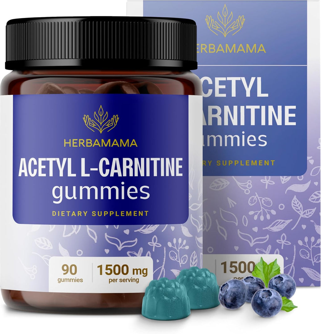 HERBAMAMA ALCAR Acetyl L-Carnitine 1500mg Gummies - L Carnitine Supplement for Energy, Focus & Brain Support - Vegan, Non-GMO - 90 Pectin-Based Blueberry-Flavored Chews