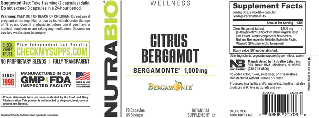 NutraBio Citrus Bergamot Bergamonte Extract Supplement, 1,000mg - May Help Promote Cardiovascular Health and Wellness, 90 Capsules