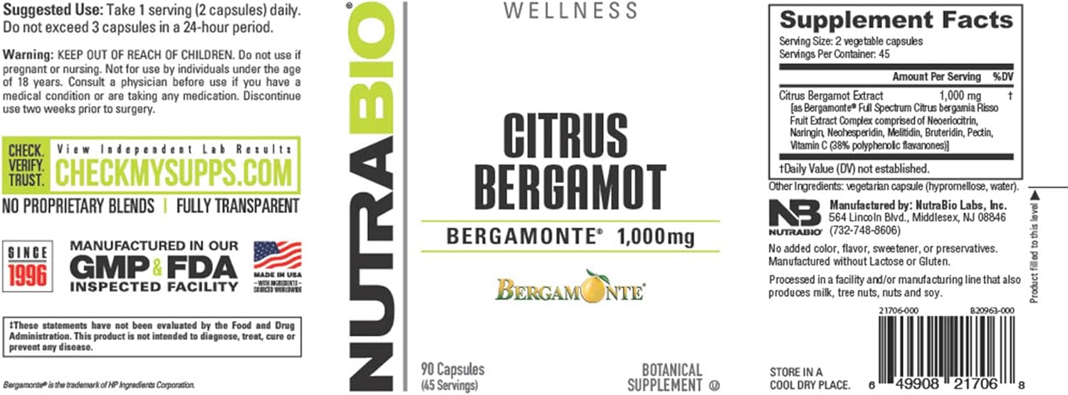 NutraBio Citrus Bergamot Bergamonte Extract Supplement, 1,000mg - May Help Promote Cardiovascular Health and Wellness, 90 Capsules