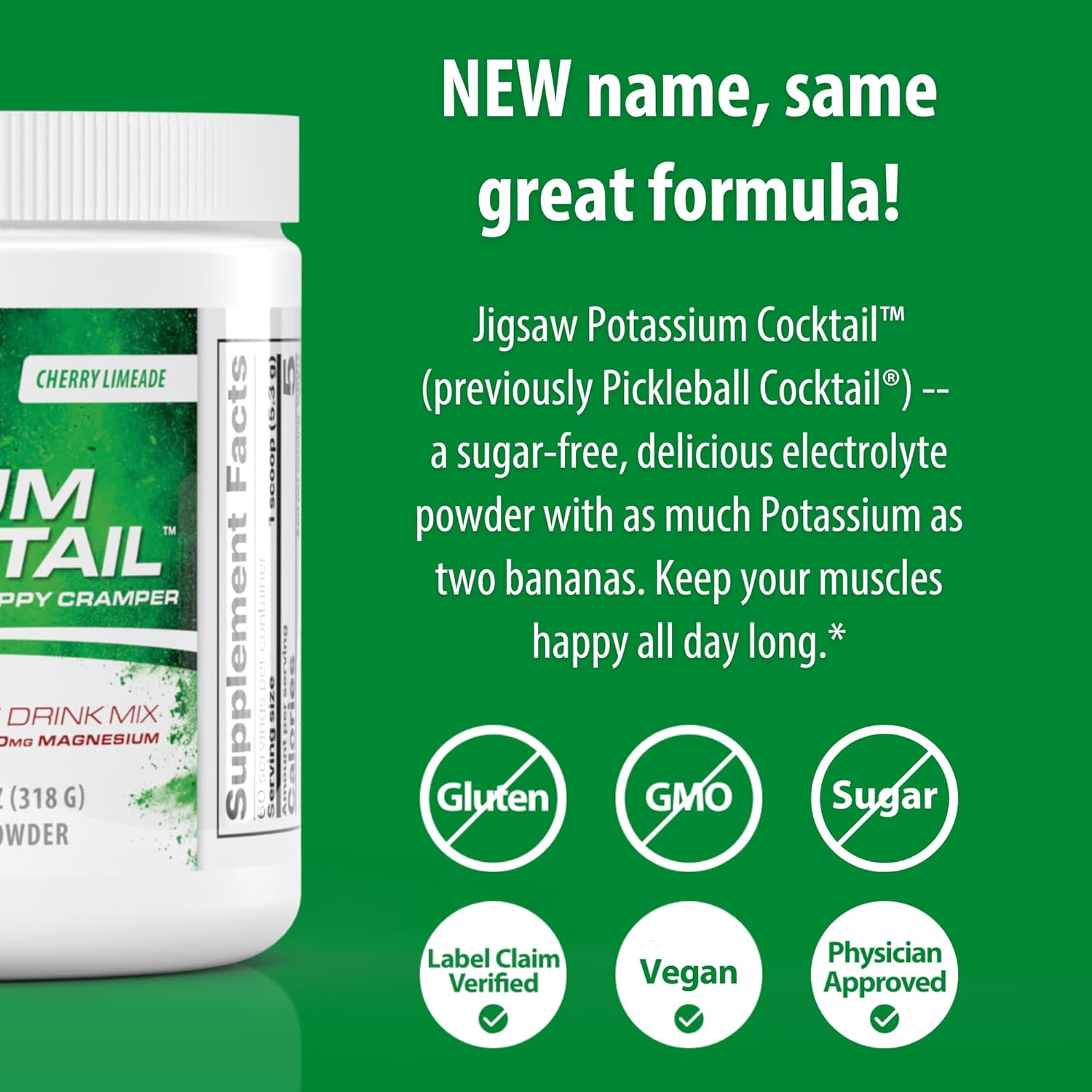 Jigsaw Health Potassium Cocktail | Formerly Pickleball Cocktail | Cherry Limeade Flavor | 60 Servings (Jar)