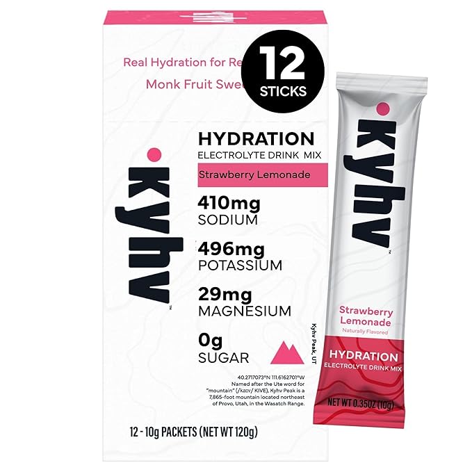 Kyhv Nutrition Hydration Electrolyte Drink Mix Powder Packets, Strawberry Lemonade - Balanced Sodium, Potassium, Magnesium & Vitamin C, Zero Sugar, Monk Fruit Sweetener (12 Stick Packs)