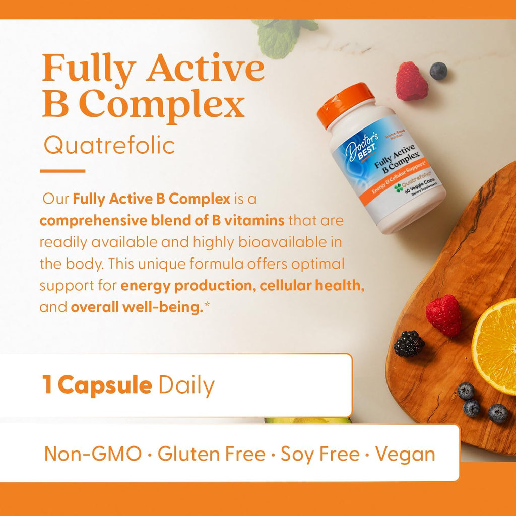 Doctor's Best Fully Active B Complex, Energy & Cellular Support, Non-GMO, Gluten Free, Soy Free, Vegan 60 Veggie Caps