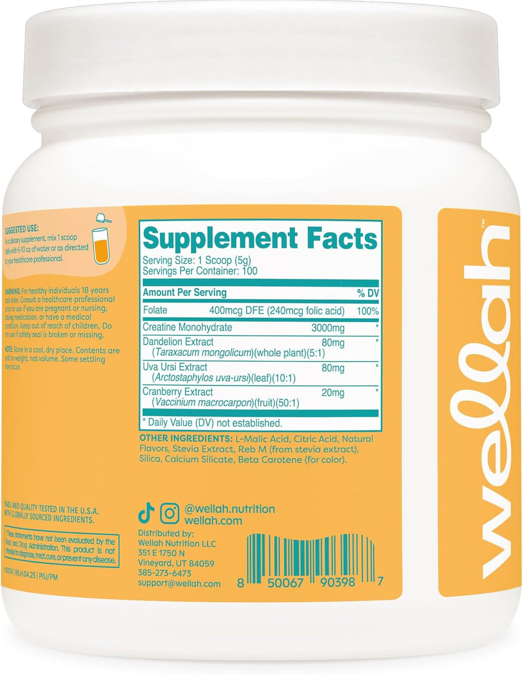 Wellah Creatine for Women - Creatine Monohydrate with Dandelion & Cranberry Extract (100 Servings, Pineapple Mango)