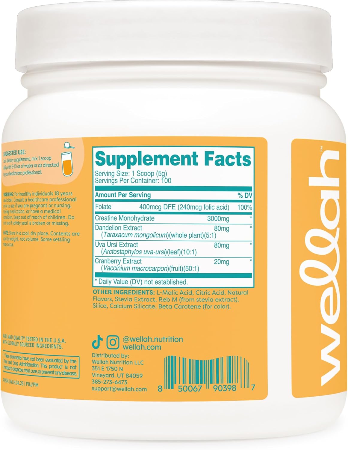 Wellah Creatine for Women - Creatine Monohydrate with Dandelion & Cranberry Extract (100 Servings, Pineapple Mango)