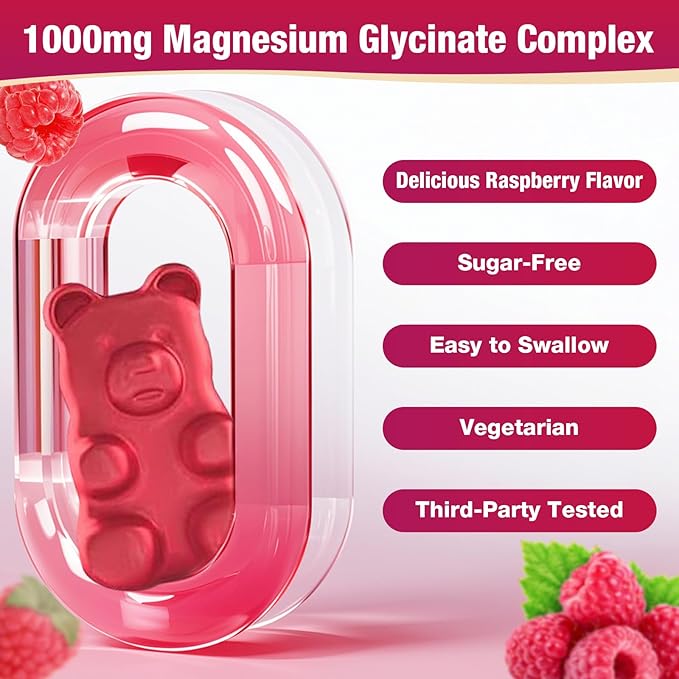 Magnesium Glycinate Gummies 1000mg, Magnesium Gummies for Adults & Kids with L-Threonate, Magnesium Supplement for Relaxation, Calm, Sugar Free, Raspberry Flavor, 60 Count