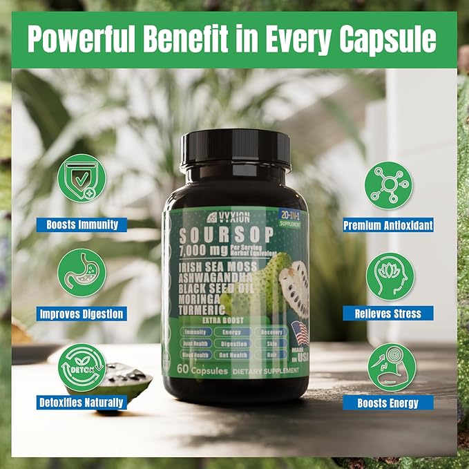 Soursop Graviola Supplement with Sea Moss, Moringa, Turmeric, Black Seed Oil, Oregano, Ashwagandha | 20-in-One Herbal extracts for Overall Health-Enhancing | Vegan, Non-GMO | 60 Capsules