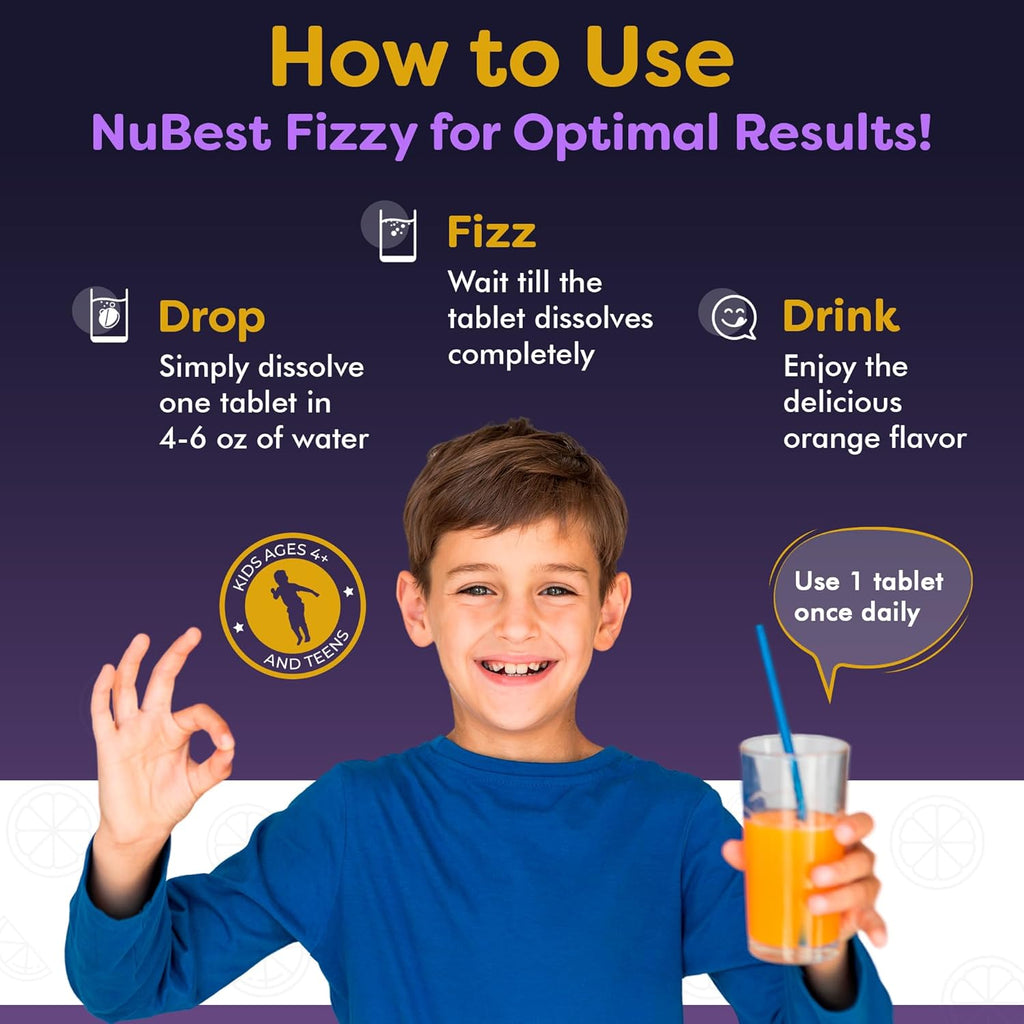 NuBest Tall Fizzy - Bone Strength, Immunity, Digestive Health for Kids Age 4+ & Teens | Probiotic, Calcium, Magnesium from Red Marine Algae, Vitamins | 10 Orange Effervescent Tablets | 2 Weeks Supply