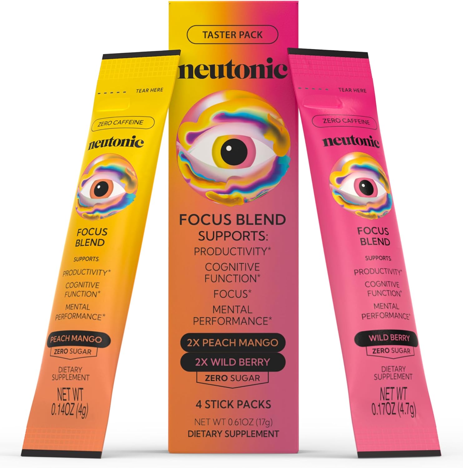 Neutonic Nootropic Focus Blend Powder | Peach Mango & Wild Berry 4 Sticks | Caffeine Free, Zero Sugar | Support Memory, Mental Clarity, Cognitive Function | Boost Focus, Energy, Brain Health