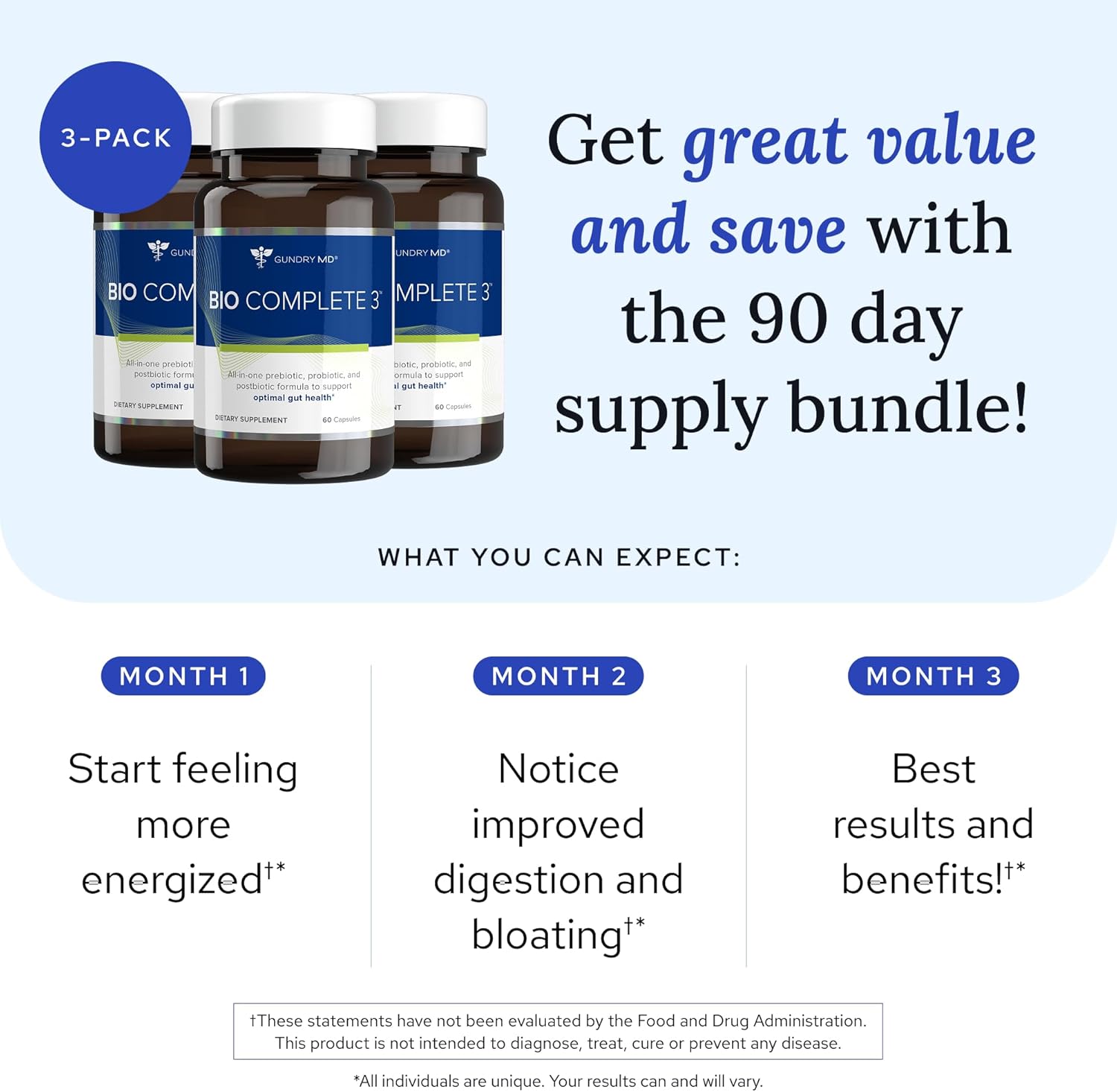 Gundry MD® Bio Complete 3 - Prebiotic, Probiotic, Postbiotic to Support Optimal Gut Health, 30 Day Supply (90 Day Supply)