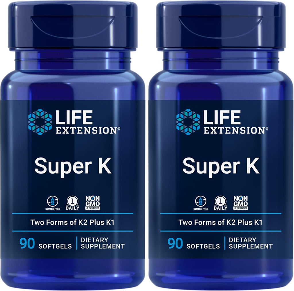 Life Extension Super K, Vitamin K1, Vitamin K2 mk-7, Vitamin K2 mk-4, Vitamin C, Bone/Heart/arterial Health, 3-Month Supply, Gluten-Free, 1 Daily, Non-GMO, 90 softgels (Pack of 2)