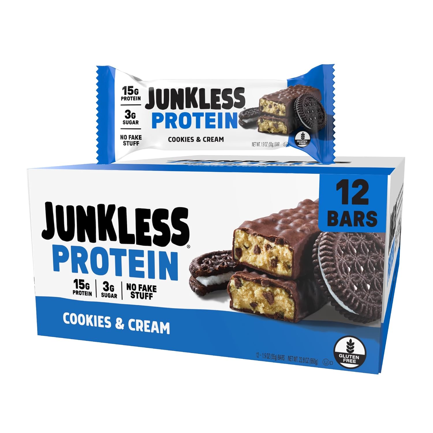 JUNKLESS Protein Bars - Cookies & Cream - 15g Protein, No Added Sugar, Gluten Free, High Fiber, Delicious Taste and Texture, Satisfying, Healthy Snack for Energy - 12 Bars