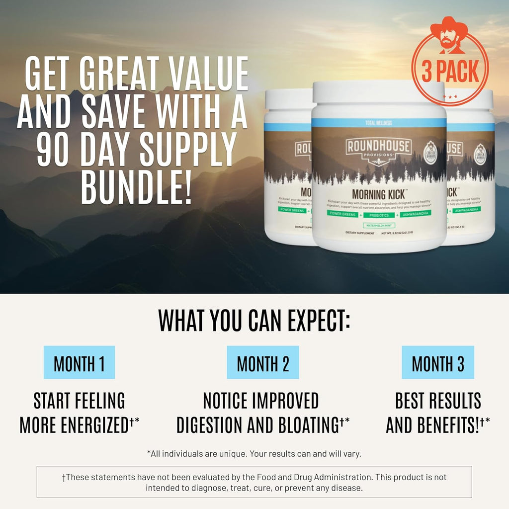 ROUNDHOUSE PROVISION Morning Kick by Chuck Norris - Watermelon Mint Flavor - Greens Superfood Powder with Probiotics, Collagen Peptides & Ashwagandha to Help Support Gut & Joint Health, 3 Pack