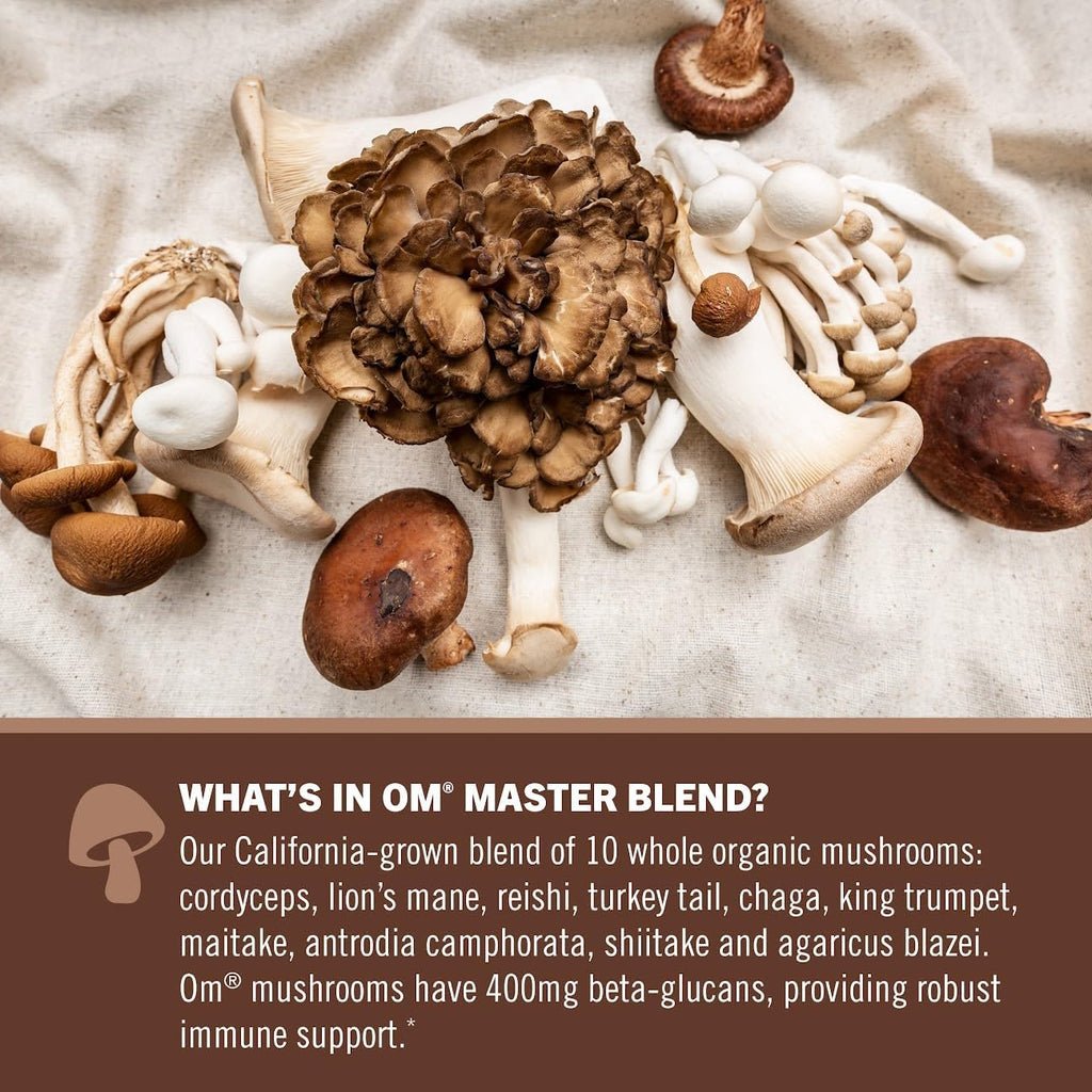 OM MUSHROOM SUPERFOOD Master Blend Mushrooms & Adaptogens, Creamy Chocolate Plant Protein, Single Serve, 10 Count, 10 Mushroom Complex, Lion's Mane, Ashwagandha, Stress Relief, GLP-1 Support