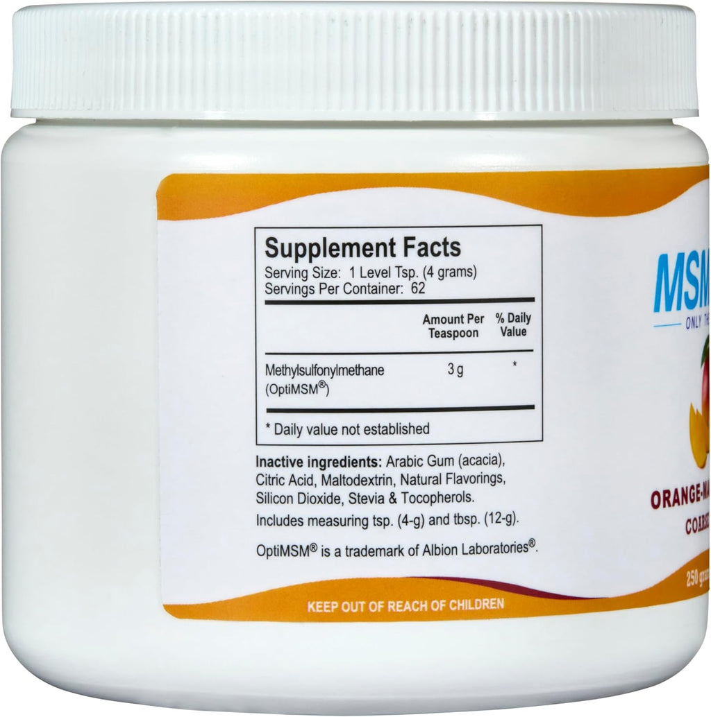 KALA HEALTH MSMPure Orange Mango Flavored Coarse MSM Powder Flakes – US-Made MSM for Joint Health, Skin Appearance, and Hair & Nail Support – 8.8 oz, Organic Sulfur