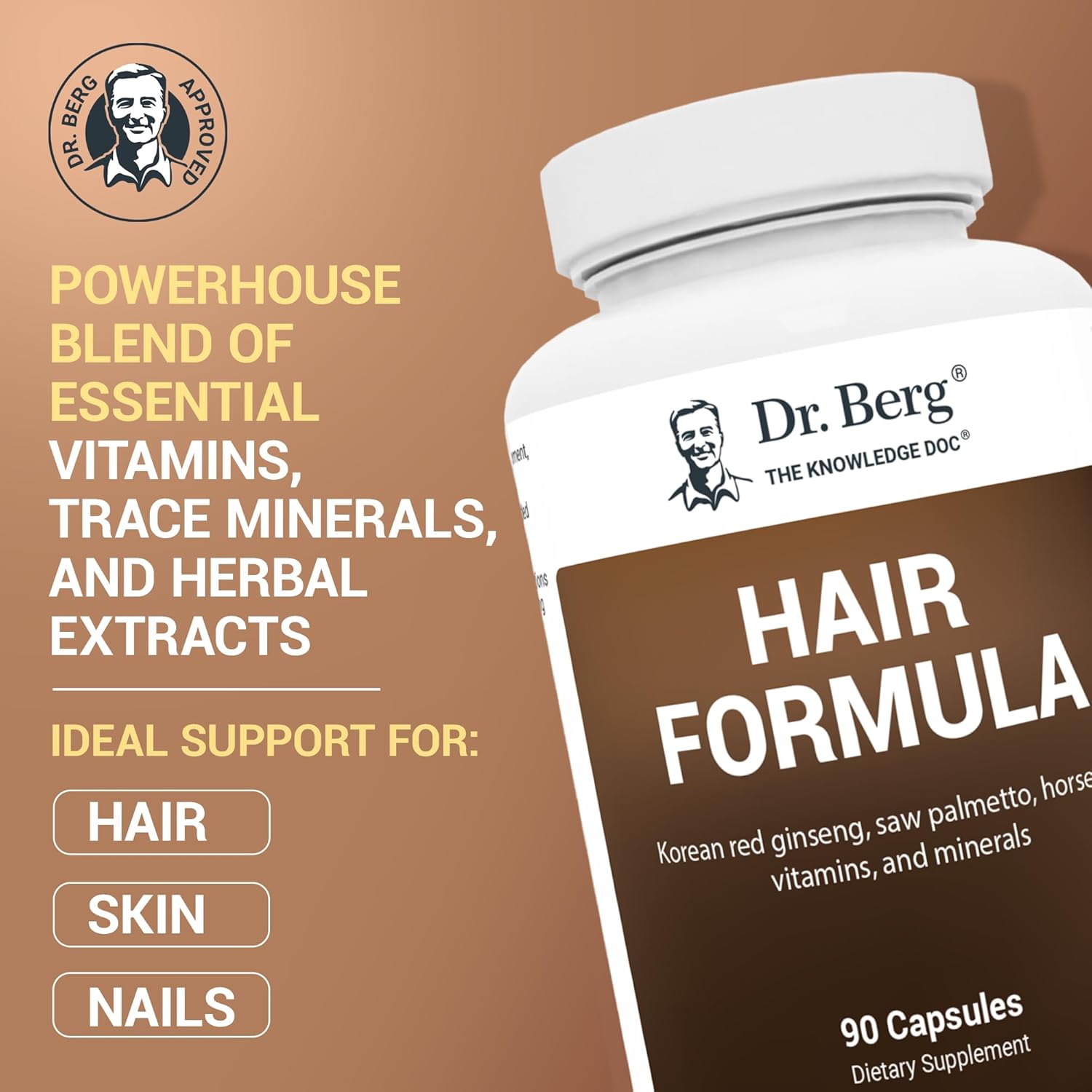 Dr. Berg All-in-One Vitamins for Hair, Skin, & Nails - Advanced Formula with Biotin, Saw Palmetto, DHT Blocker, & Trace Minerals - 90 Veg Capsules