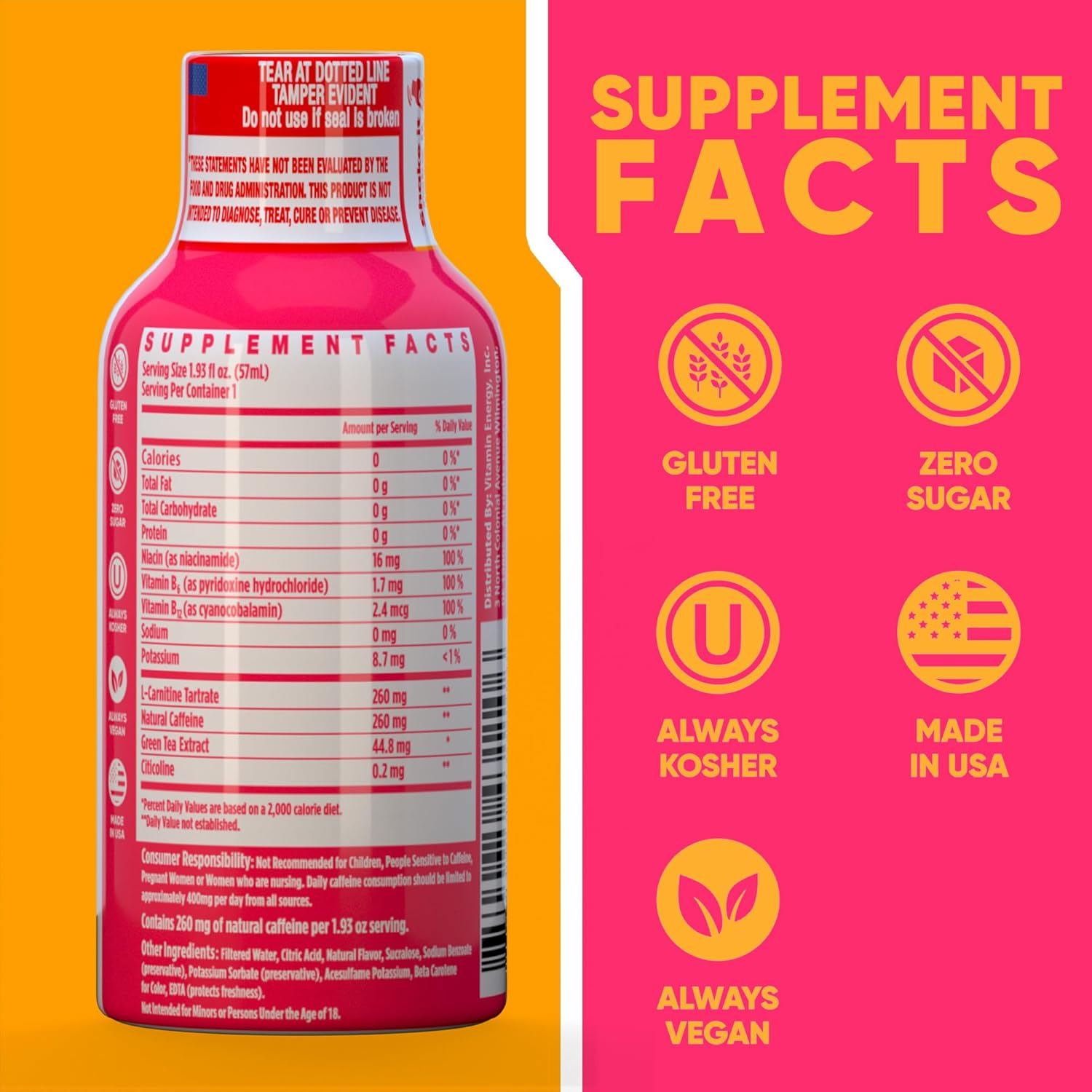 Vitamin Energy Immune+ Extra Strength Energy Shot Strawberry Twist 24 Pack, 260mg Natural Caffeine, B-Vitamins, Citicoline, Green Tea, Immunity & Focus Support, Zero Sugar, Gluten-Free 1.93 fl oz