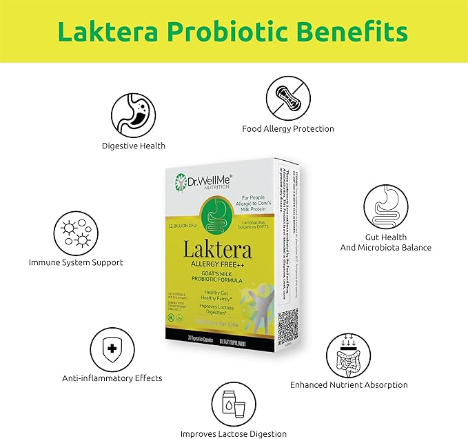 Dr. WellMe Laktera Allergy-Free Probiotics – 30 Capsules, 12B CFU Goat’s Milk Probiotic Formula, Immune & Gut Health Supplements – Low Lactose, Gluten-Free for Adults & 7+ Children