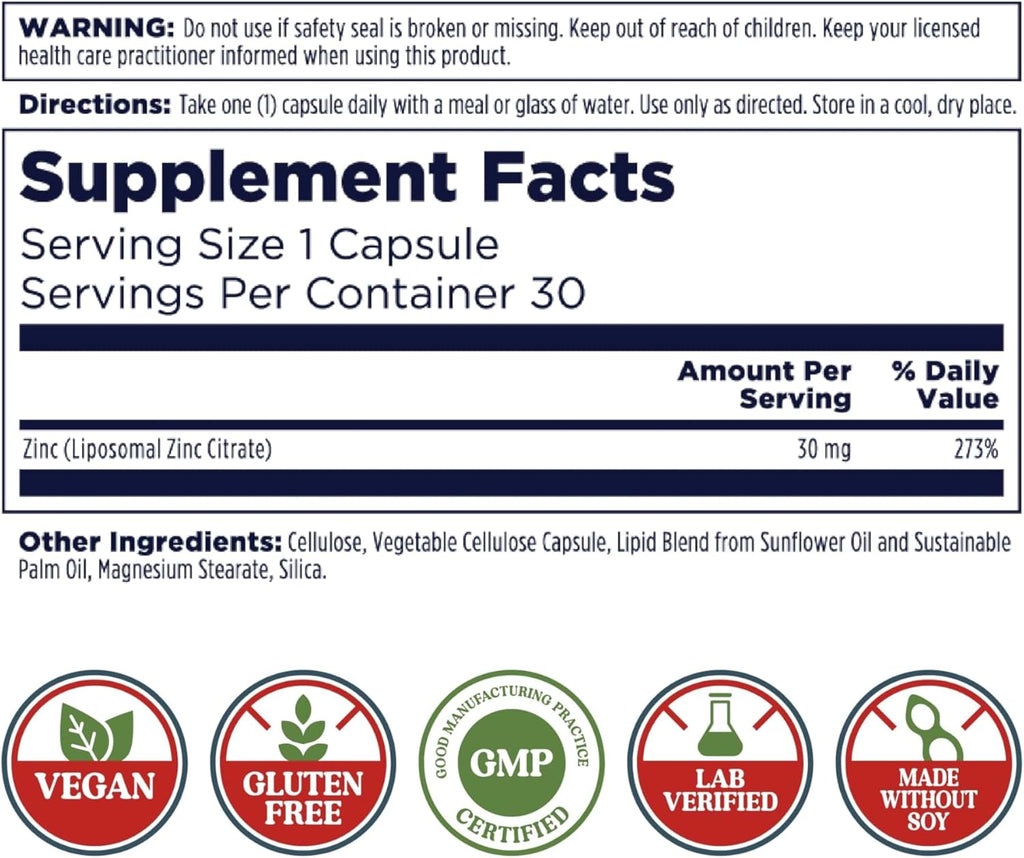 KAL Liposomal Zinc 30mg, Cellular Function and Immune Support Supplement, Enhanced Absorption Zinc Supplements, Vegan, Gluten Free, Soy Free, 30 Servings, 30 VegCaps