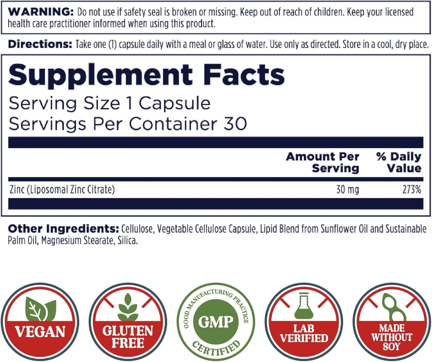 KAL Liposomal Zinc 30mg, Cellular Function and Immune Support Supplement, Enhanced Absorption Zinc Supplements, Vegan, Gluten Free, Soy Free, 30 Servings, 30 VegCaps