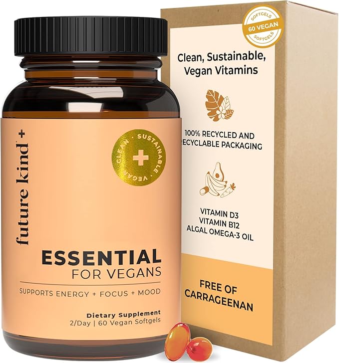 Future Kind 3 in 1 Daily Multivitamin - for Energy, Clarity, Active Wellness Support with B12, D3, and Algal Omega-3 - Essential Vegan Multivitamin for Women & Men - Tiny Citrus Softgels (60 Count)