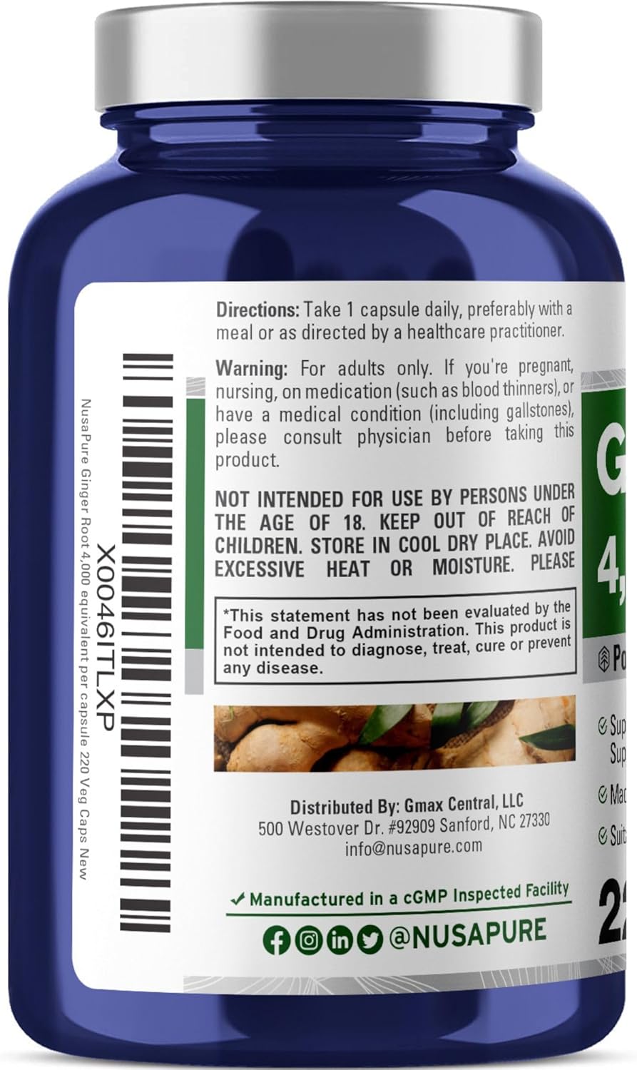 NusaPure Ginger Root Capsules 20:1 Extract, 200 mg Equivalent to 4,000mg per Veggie Caps | 220 Count | Non-GMO (Pack of 2)