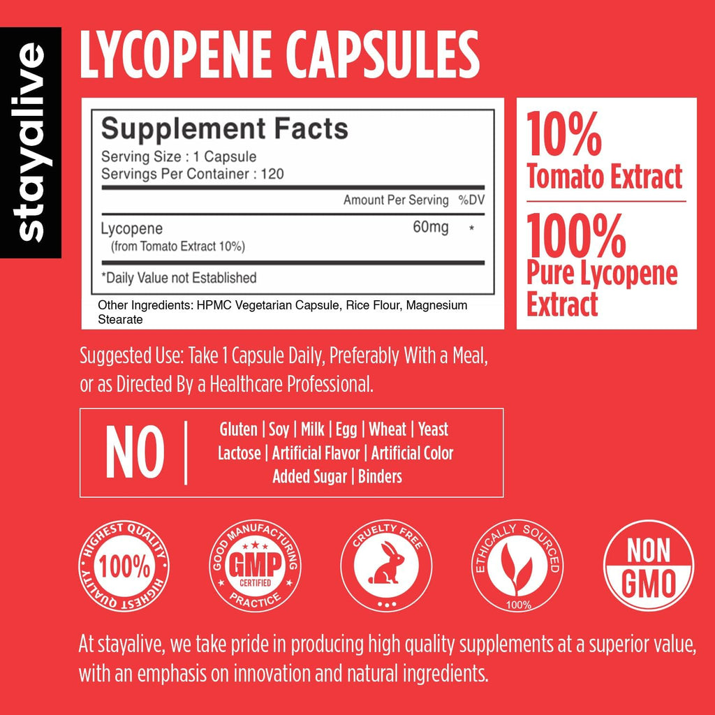 STAY ALIVE Lycopene Supplement for Men 60mg, Natural Tomato Extract Powder, 120 Capsules with 4 Months Supply, 100% Veg Lycopene Complex, Non-GMO and Gluten Free Carotenoid Supplement