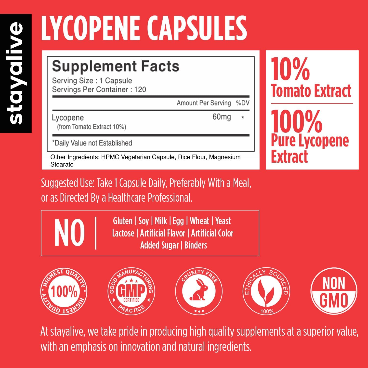 STAY ALIVE Lycopene Supplement for Men 60mg, Natural Tomato Extract Powder, 120 Capsules with 4 Months Supply, 100% Veg Lycopene Complex, Non-GMO and Gluten Free Carotenoid Supplement