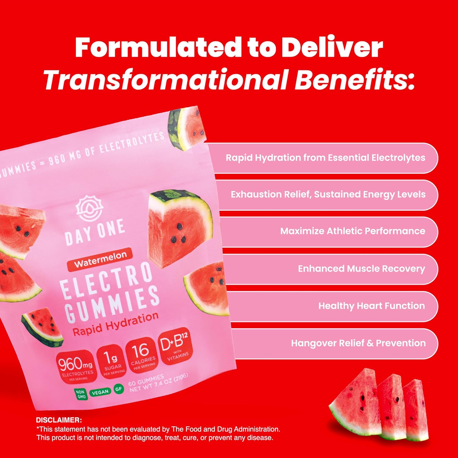 Day One ElectroGummies – Electrolyte Hydration Gummies – Ideal to Boost Hydration & Energy – Running, Workout – Sour Watermelon Flavored – 60 Gummies