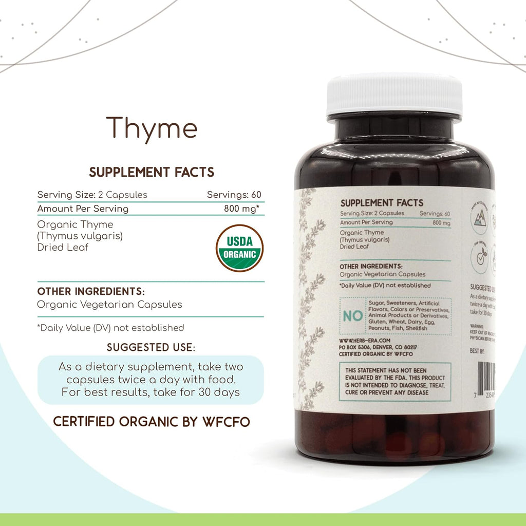 Thyme 120 Capsules, 800 mg, USDA Organic Thyme (Thymus Vulgaris) Dried Leaf (120 Capsules)