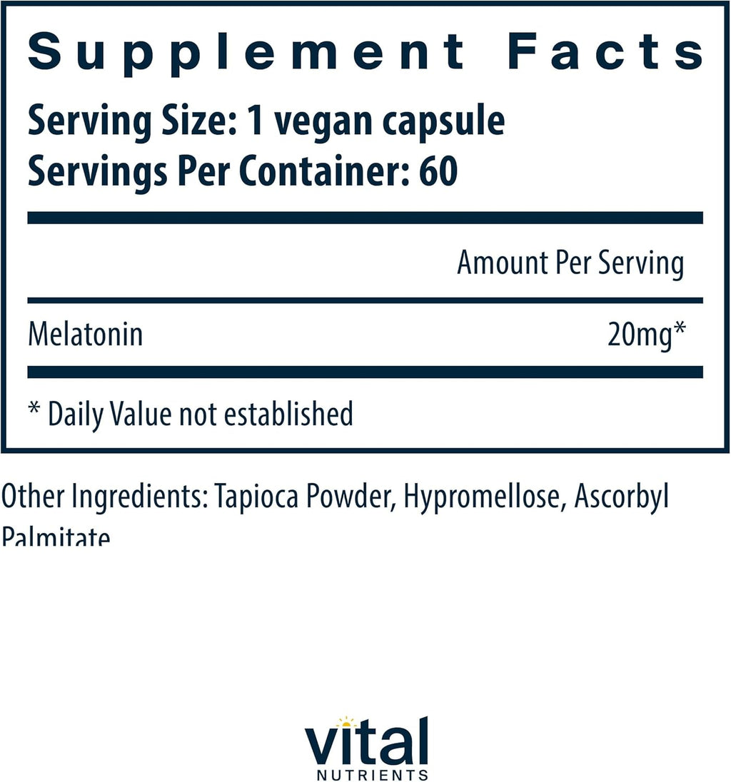 Vital Nutrients Melatonin 20mg | Vegan | Sleep Supplement to Support The Body's Natural Sleep Cycle* | Gluten, Dairy, Soy Free | 60 Capsules
