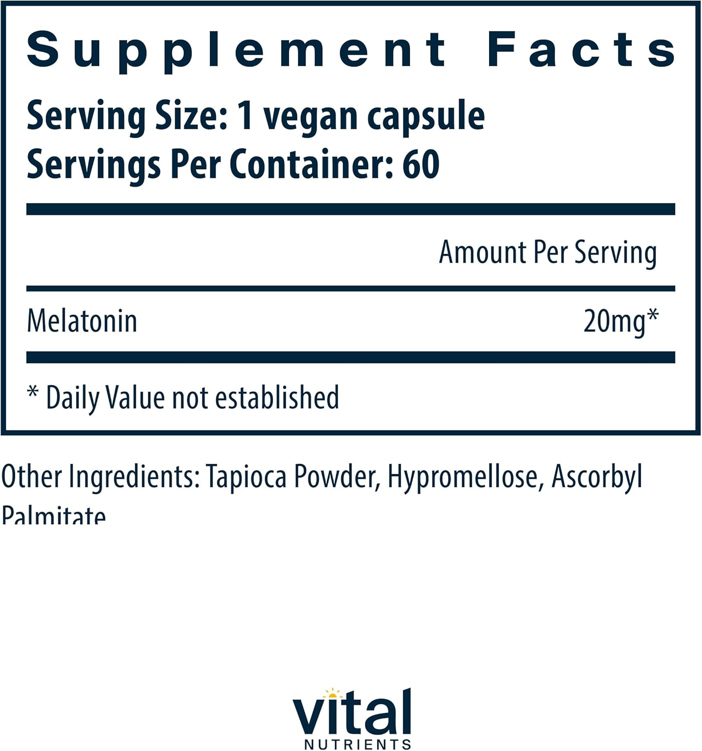 Vital Nutrients Melatonin 20mg | Vegan | Sleep Supplement to Support The Body's Natural Sleep Cycle* | Gluten, Dairy, Soy Free | 60 Capsules