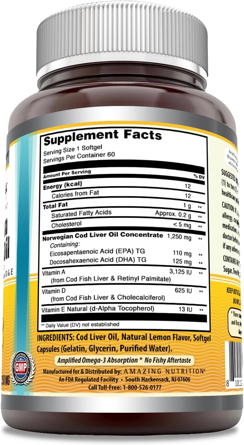 Amazing Omega Norwegian Cod Liver Oil 1250 Mg Softgels Supplement | Omega-3, EPA, DHA, Vitamin A, Vitamin D & Vitamin E (Lemon | 60 Count)