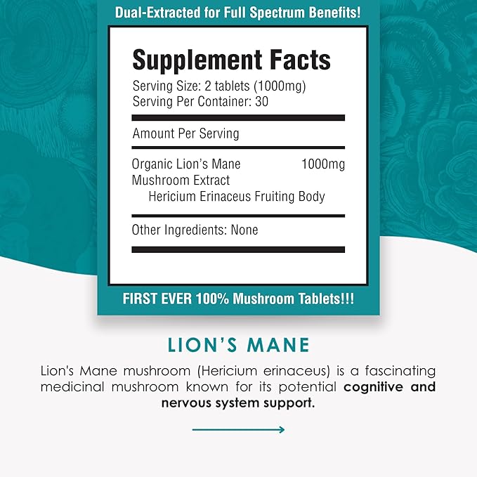 Lions Mane Mushroom Extract Tablets - 30g Monthly Supply - Patented Dual-Extraction Fruiting Body - 35%+ Beta-glucans + Active Compounds - Hardwood Log Grown - No Fillers or Additives