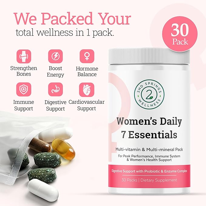 Daily 7 Essentials Women's Vitamin Pack -7 Pack Complete Women's Multivitamin Packet with Energy, Metabolism, Immune System, Female Health Support with Probiotics, More