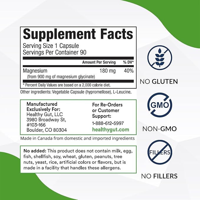 Healthy Gut Magnesium-HP | Ultra Pure Glycinate with Zero Fillers | 180 mg Magnesium Glycinate | 90 Servings