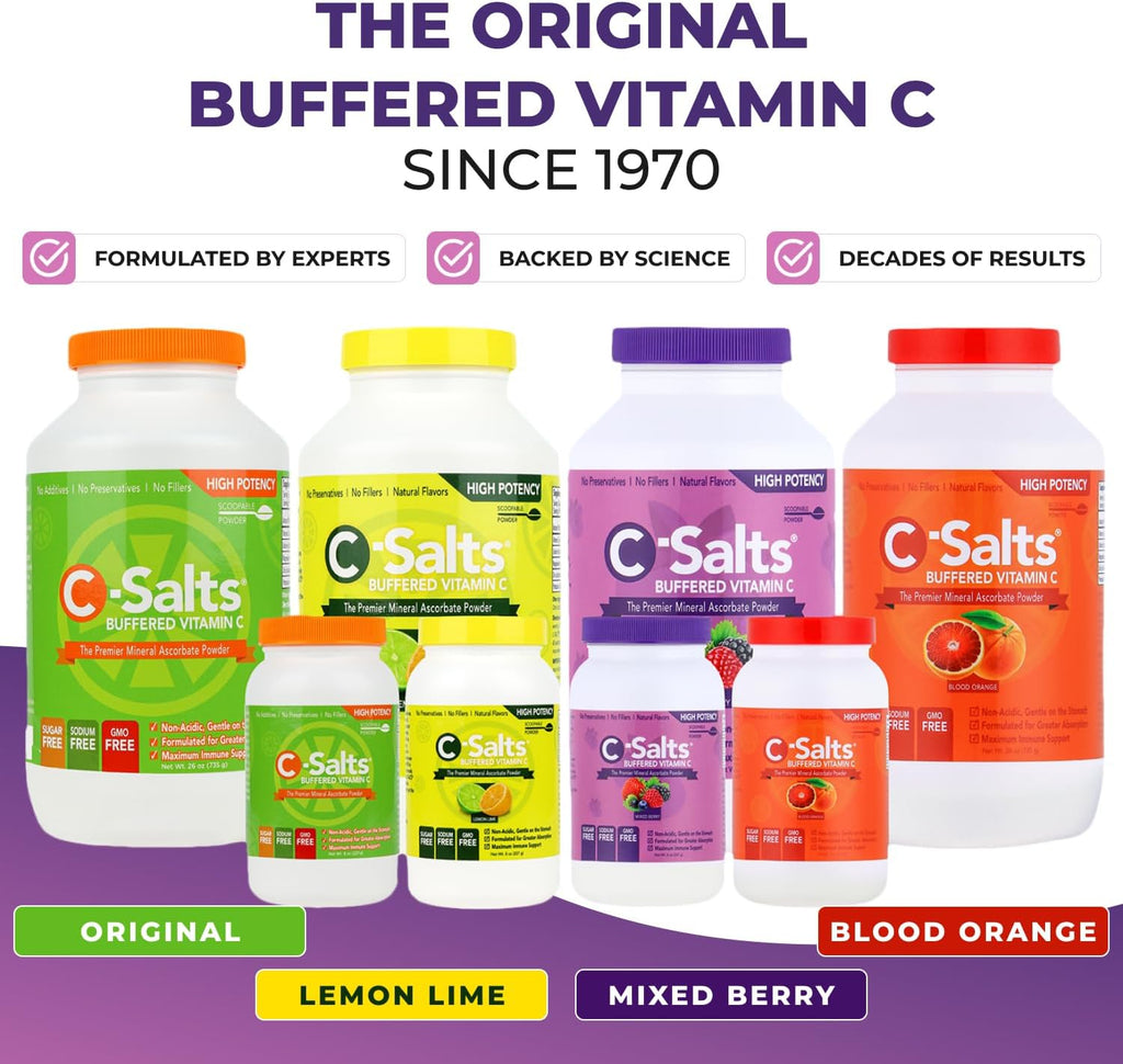 C-Salts Original Vitamin C Powder Supplement - 100% Pure High Dose Buffered Vitamin C Powder for Immune Support - Sugar-Free Powdered Drink Ascorbate, Organic, Stomach-Friendly, Mixed Berry 8oz