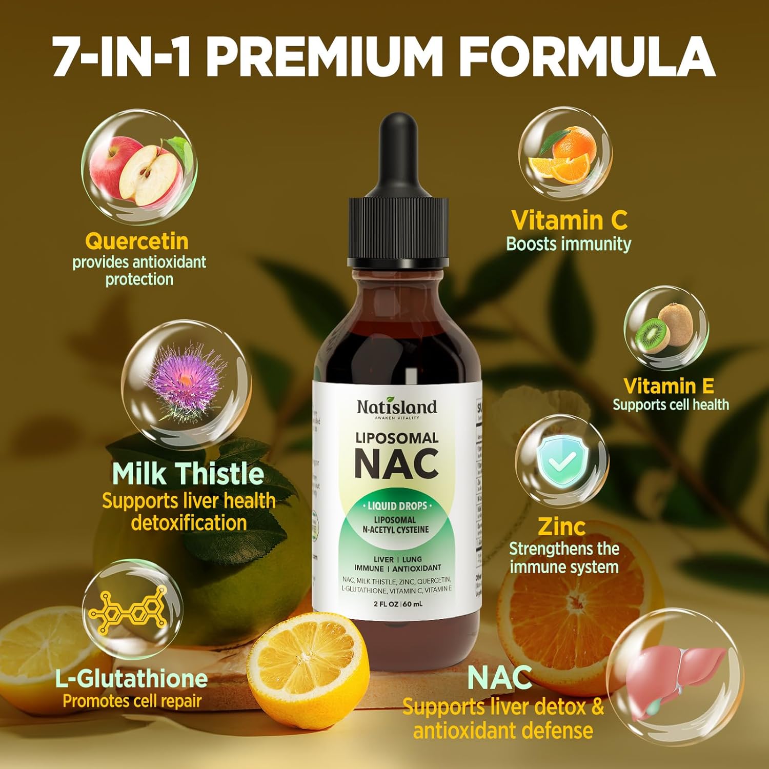 Liposomal Liquid NAC Drops, NAC Supplement N-Acetyl Cysteine, NAC 600 mg with Milk Thistle & Quercetin for Adults & Kids, Liver & Lung Support, Immune & Antioxidant, Skin & Cellular Health, 2 Fl Oz