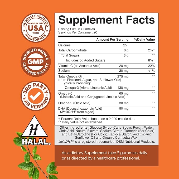 Omega 3 Gummies for Adults - Vegetarian Omega 3 6 9 DHA Gummies for Brain Bone and Heart Health and Joint Support - Burpless Fish Free Plant Based Supplement Men Women - 60 Count