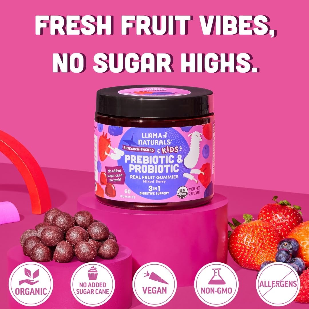 Llama Naturals Kids Probiotic with Prebiotic Fiber, Vegan, Organic Prebiotics and Probiotics Gummies for Gut Health Support, Toddler Real Fruit Gummy Vitamins, No Added Sugar Cane, Mixed Berry, 60 Ct