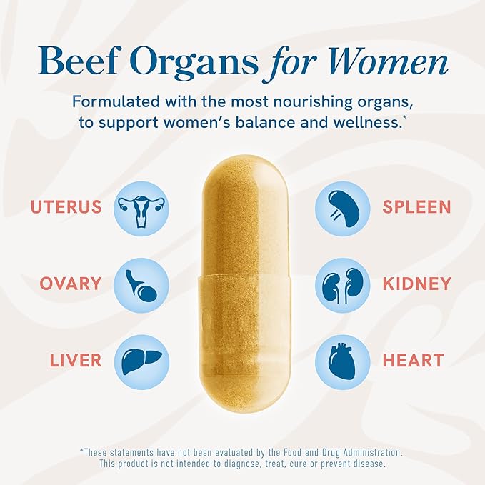 Beef Organ Supplement for Women | Uterus, Ovary, Liver, Spleen, Kidney & Heart | Superfood for Hormone Health & Energy Support | 100% Grass Fed & Pasture Raised Beef Organs for Women | 60 Ct.