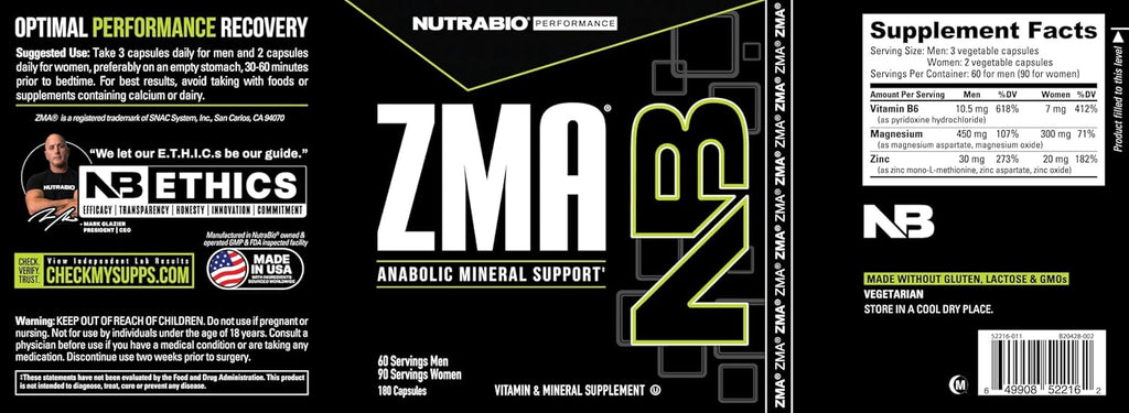 NutraBio ZMA Supplements for Men & Women- Zinc Magnesium Supplements to Support Hormone Levels, Peak Performance, Sleep, Muscle Recovery, Immune Health, 180 Ct.