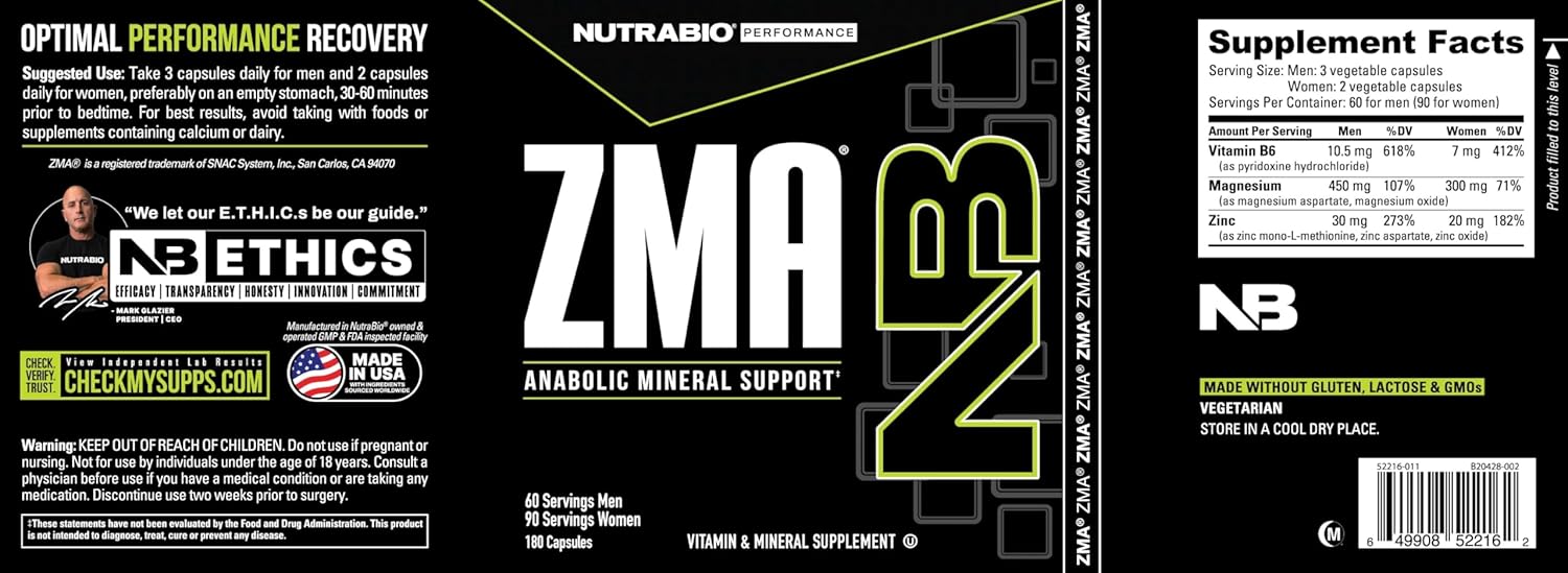 NutraBio ZMA Supplements for Men & Women- Zinc Magnesium Supplements to Support Hormone Levels, Peak Performance, Sleep, Muscle Recovery, Immune Health, 180 Ct.