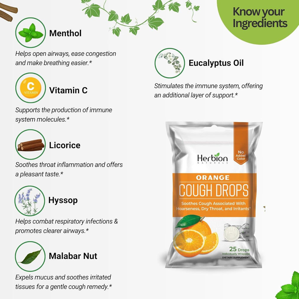 HERBION Naturals Cough Drops with Orange Flavor, Dietary Supplement, Soothes Cough, for Adults and Children Over 6 Years, 125 Lozenges, Pack of 5