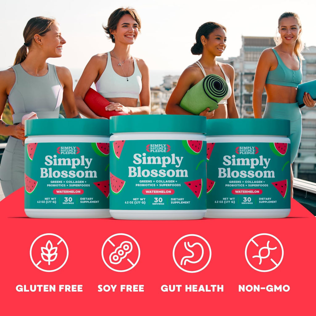 Simply Blossom Nutrition Daily Greens & Superfood Powder + Collagen + Probiotics for Women's Digestive Health & Bloating Relief. Help Your Health Bloom - 30 Day Supply - Watermelon