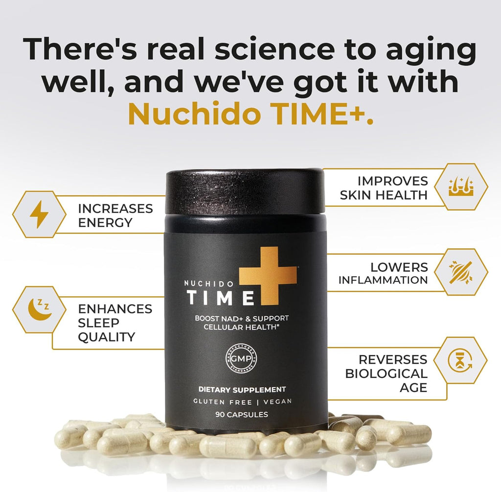 Nuchido Time+ NAD Supplement for Men & Women - Advanced Formula for Healthy Aging, Energy, Focus, Cellular Health & Longevity - Nicotinamide, Alpha Lipoic Acid, Quercetin - 90 Capsules