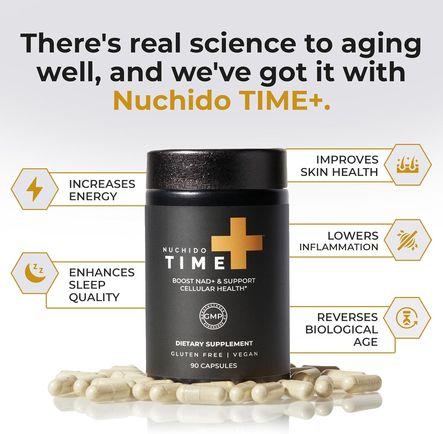 Nuchido Time+ NAD Supplement for Men & Women - Advanced Formula for Healthy Aging, Energy, Focus, Cellular Health & Longevity - Nicotinamide, Alpha Lipoic Acid, Quercetin - 90 Capsules